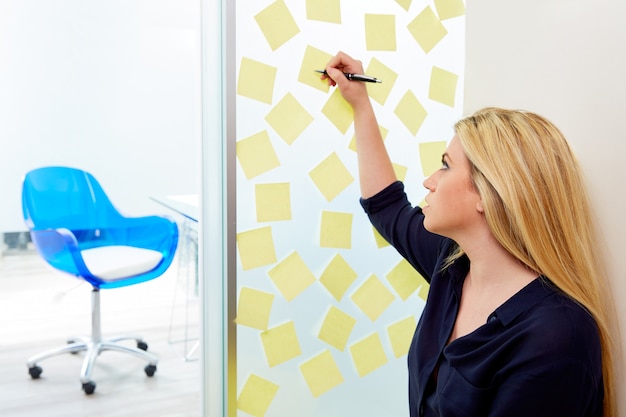 Blond young executive with stickers in office