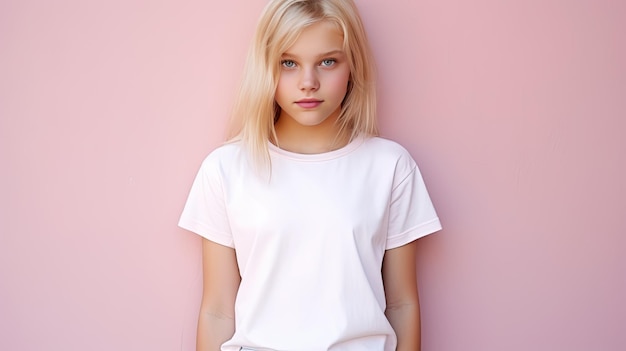 A blond young girl model poses with a white t shirt and pink wall backdrop