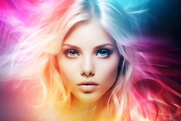 Photo blond young woman portrait with digital holografic effect