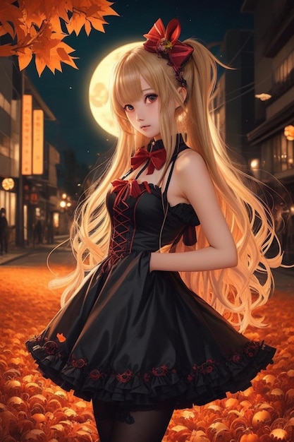 Blonde Anime Wonder Halloween Red Dress with Playful Ribbon