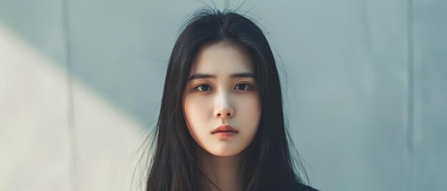 긴 곧은 머리카락을 가진 금발 아시아 소녀