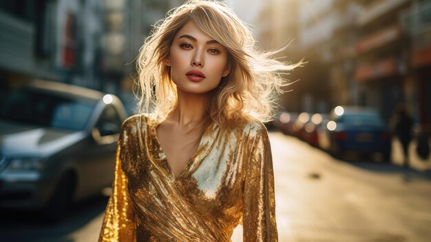 Blonde Asian woman in golden dress beautiful fashion street style premium