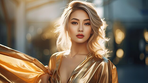 Photo blonde asian woman in golden dress beautiful fashion street style premium