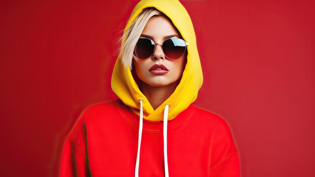 Blonde Beauty Girl in a Red Hoodie with Yellow Hood and Sunglasses on a Red Background