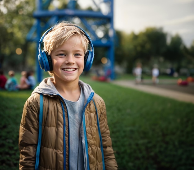 Photo blonde boy listening music in headphones