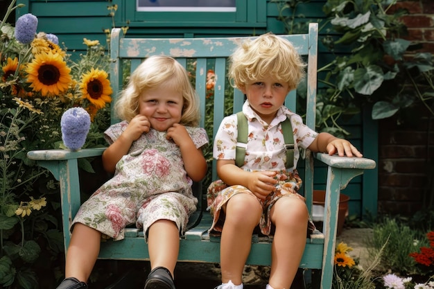 Blonde broers en zussen in de tuin