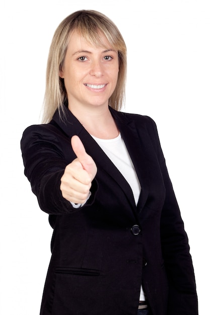 Blonde businesswoman saying Ok isolated on white background 