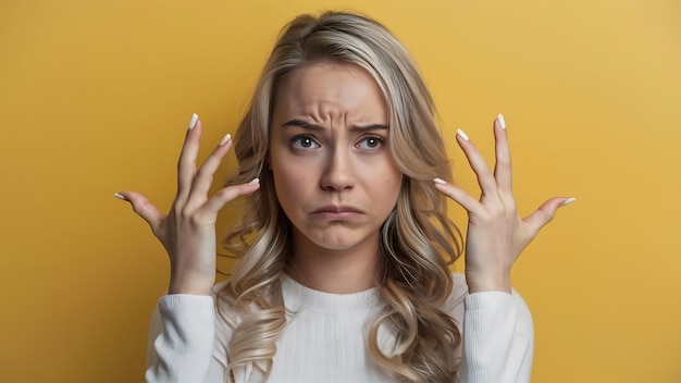 Blonde caucasian female looking unhappy and dissatisfied frowning her face sadly looking