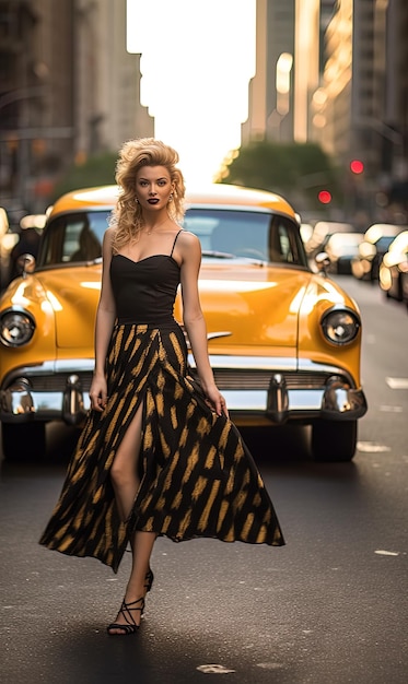 Blonde caucasian model in 50s dress on the street next to a yellow taxi