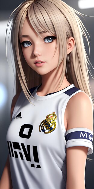 Foto ragazza bionda cinese personaggio del gioco sportwear maglia da calcio giocatore completo kit da calcio mockup ragazza fata