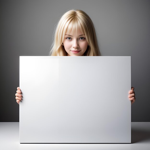 Foto blonde dame met wit bord mockup voor reclame