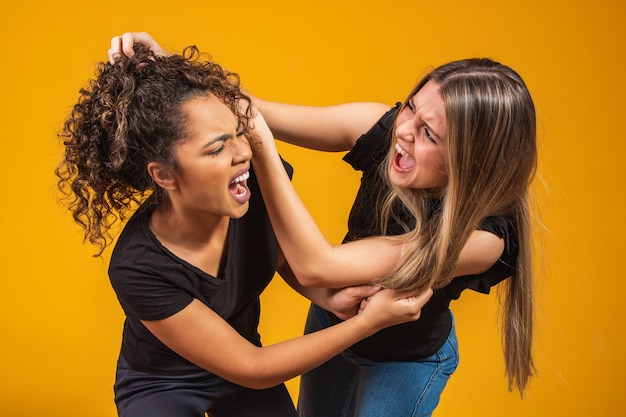 Blonde en afro vechten ongelukkig terwijl ze elkaars haren trekken