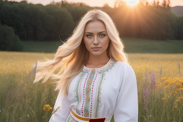 A blonde in an ethnic Slavic dress poses in the meadows in the rays of the sunrise