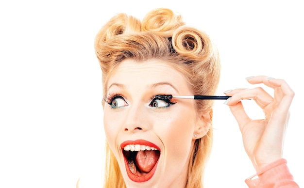 Blonde excited funny woman on the brow beauty procedures care for brows eyebrows lamination pin up s