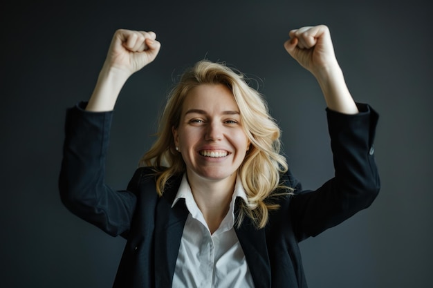 Foto donna esecutiva bionda che celebra il successo