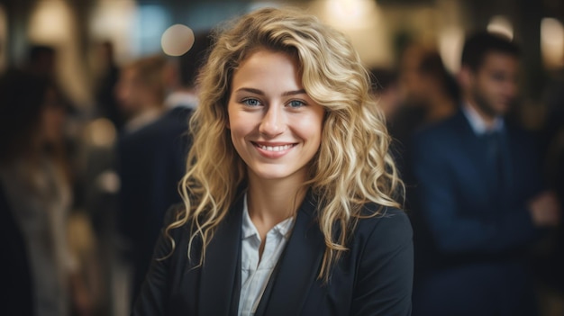 Photo blonde female executive posing with smile and arms crossed during brainstorm