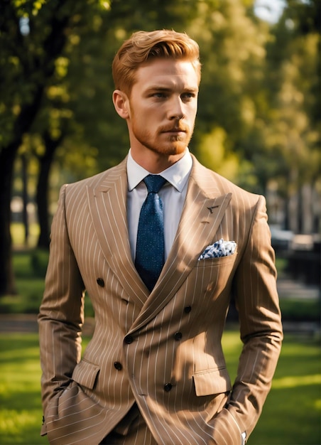 Premium AI Image | A blonde ginger gentleman in light brown pinstripe ...