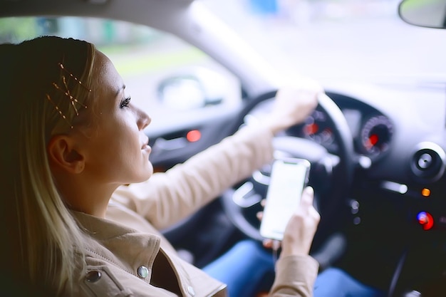 Foto ragazza bionda che guida / bella bionda autista, concetto di viaggio estivo. giovane ragazza adulta alla guida di un'auto