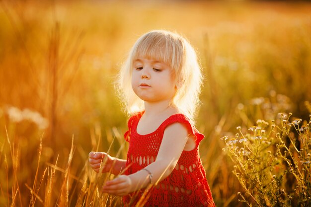 Blonde girl in the field with flowers