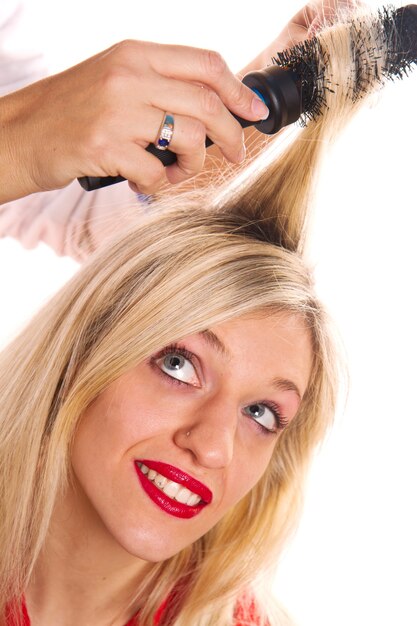 blonde girl at the hairdresser