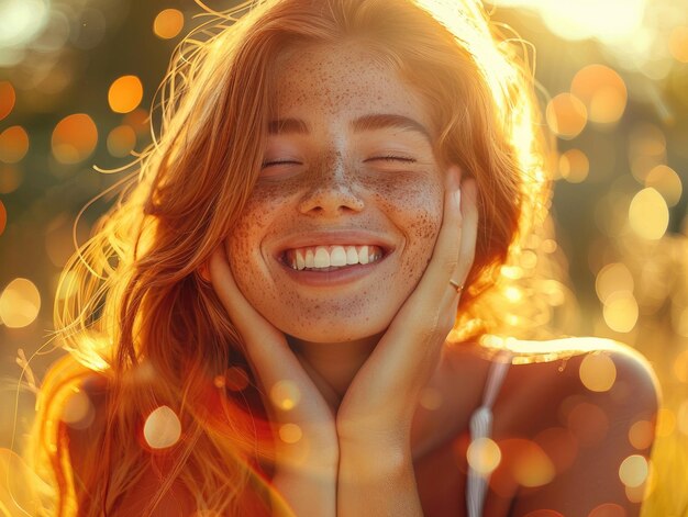 A blonde girl illuminated by lights smiling at the camera