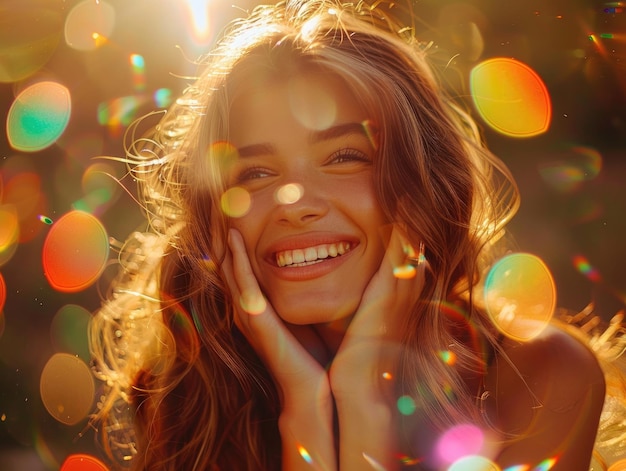 A blonde girl illuminated by lights smiling at the camera