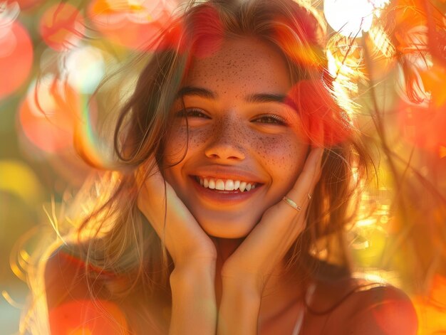 A blonde girl illuminated by lights smiling at the camera