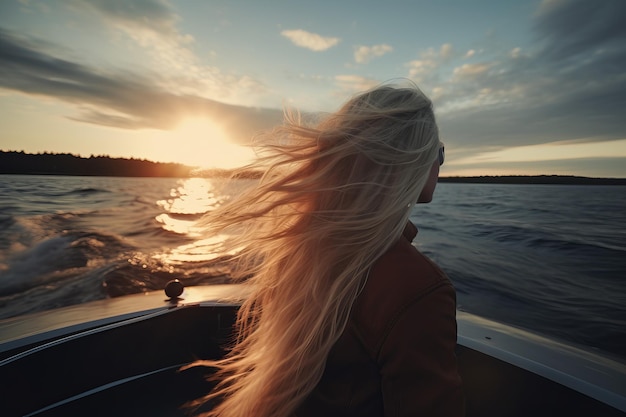 Фото Блондинка в движущейся лодке с видом на закат.