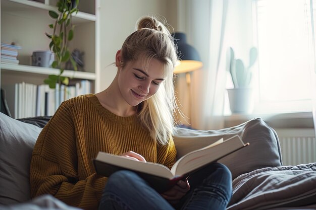 Blonde girl reading a book sitting on sofa in living room at home