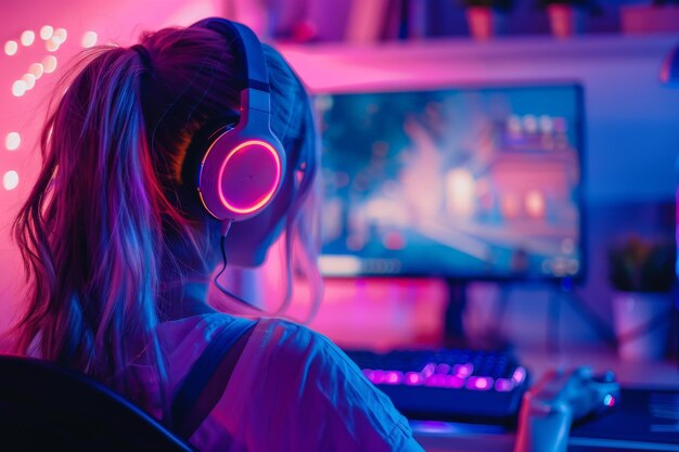 Blonde girl streamer games in a room with neon lighting New equipment headphones powerful computer