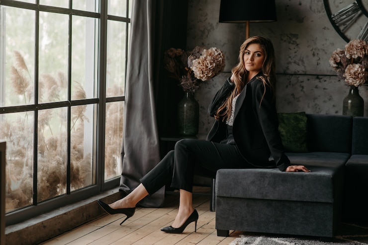 Photo a blonde girl in a suit is sitting on the couch