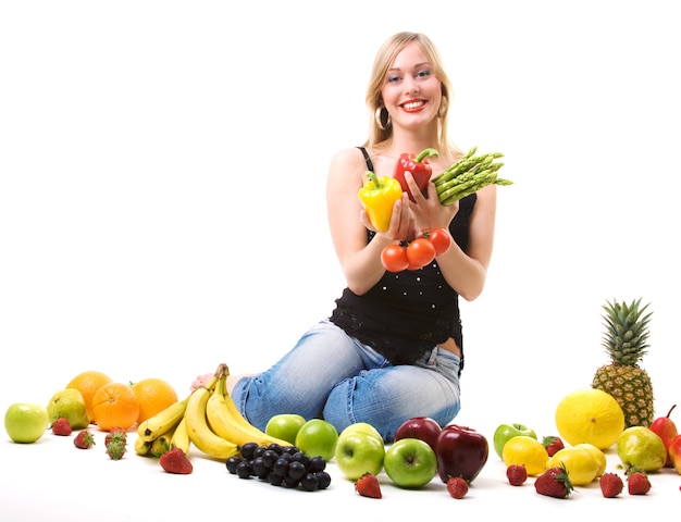 blonde girl surrounded by fruits and vegetables