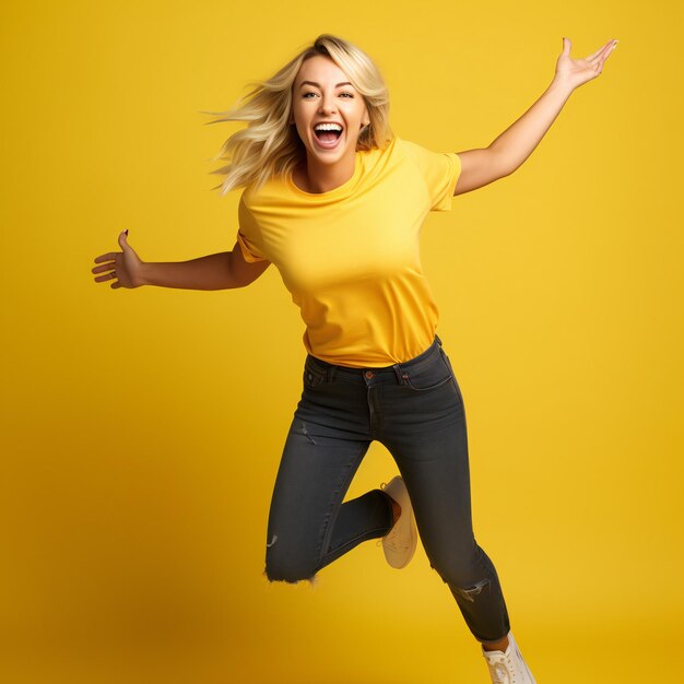 Blonde Girl in Tshirt Leaping on Yellow