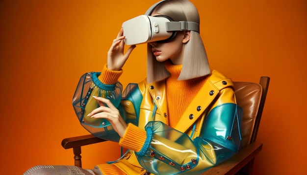 Photo blonde girl in virtual reality headset with vibrant background
