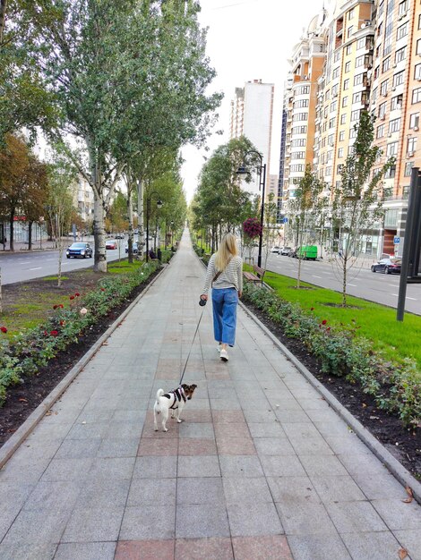 ブロンドの女の子が花畑の間でジャック・ラッセル犬を連れて街の大通りを歩いています