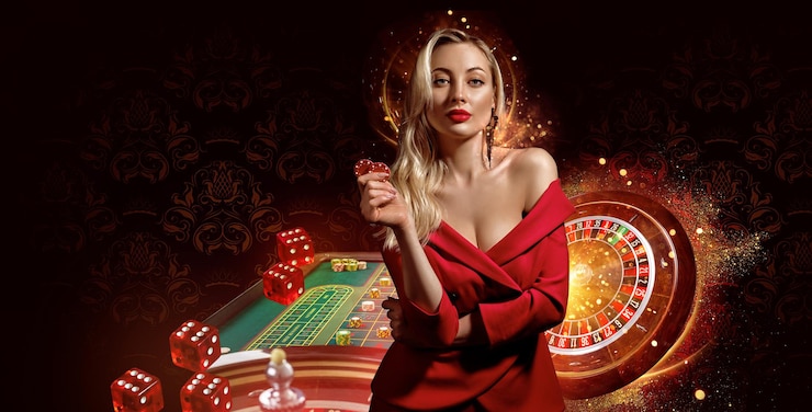 Photo blonde girl with bare shoulder, in red dress. showing two chips, posing against dark background. roulette and playing table with stacks of colorful chips on it, flying dices. poker, casino. close-up