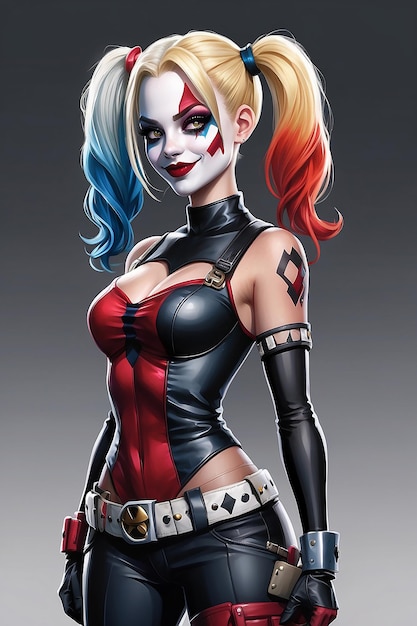 A blonde girl with a bat in her hands and a costume of the comic book hero Harley Quinn on a dark background