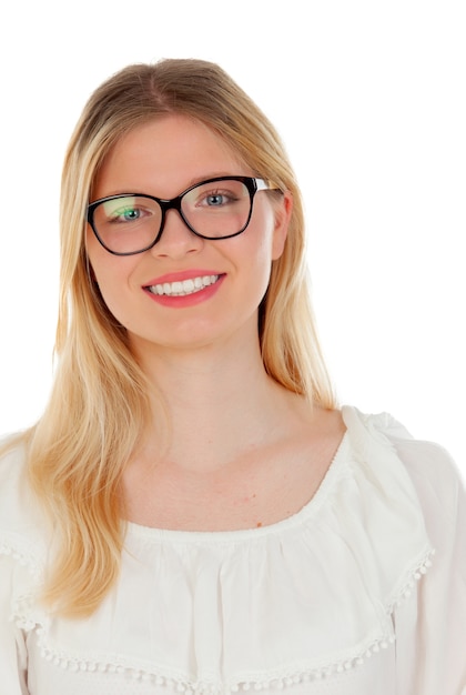 Blonde girl with black glasses