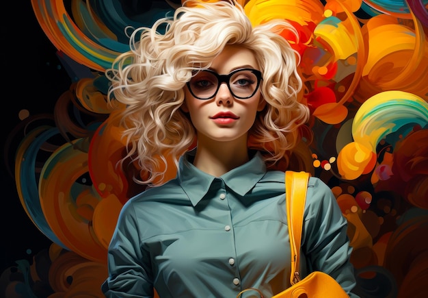 Blonde girl with curly hair and glasses on colorful background