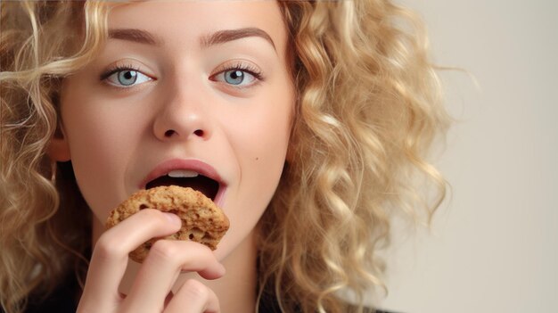 A blonde girl with curly hair is shown in closeup eating a chocolate chip cookie The woman enjoys