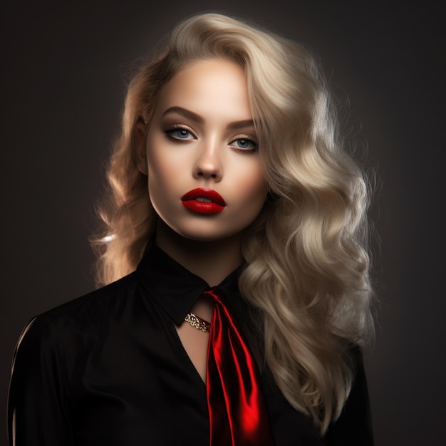 Photo blonde girl with red lips posing