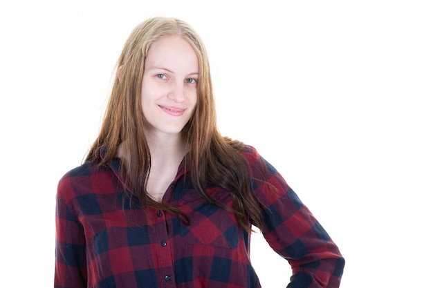 Blonde girl young smiling woman looking happy laugh in camera on white background