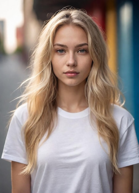 Photo blonde hair with a white tee and a white tee