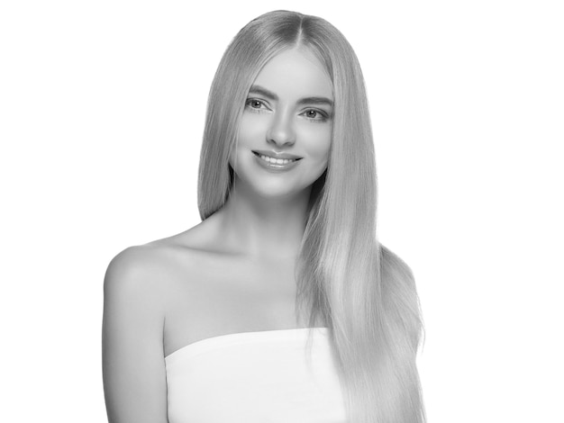 Blonde hair woman natural skin female beauty healthy teeth smile. Studio shot.  Monochrome. Gray. Black and white.