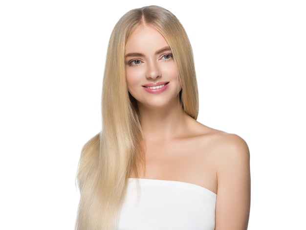 Blonde hair woman natural skin female beauty healthy teeth smile. Studio shot.