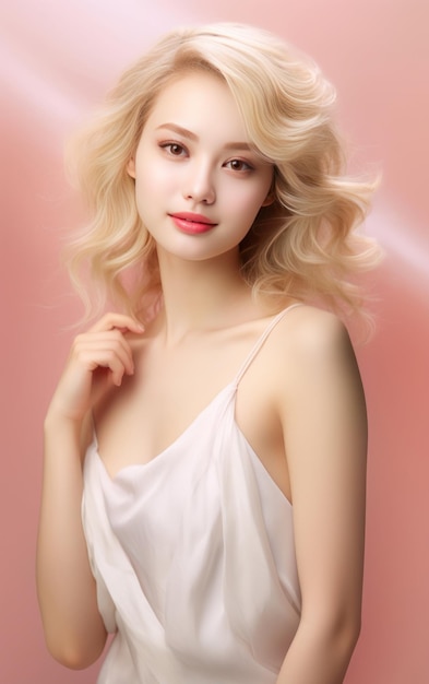 Blonde haired asian beauty in a joyful pose