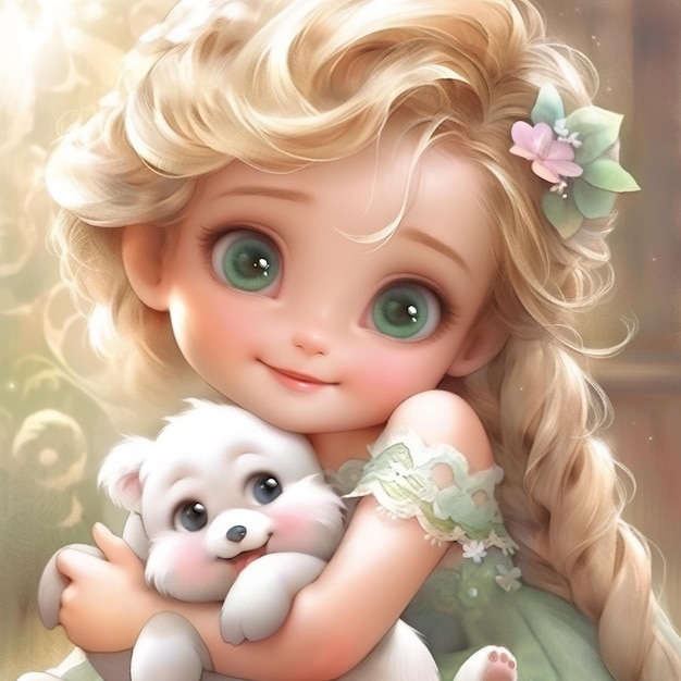 Blonde haired girl holding a white cat in her arms generative ai