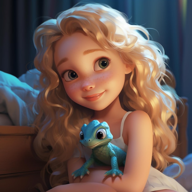 Photo blonde haired girl with blue frog toy sitting on bed generative ai