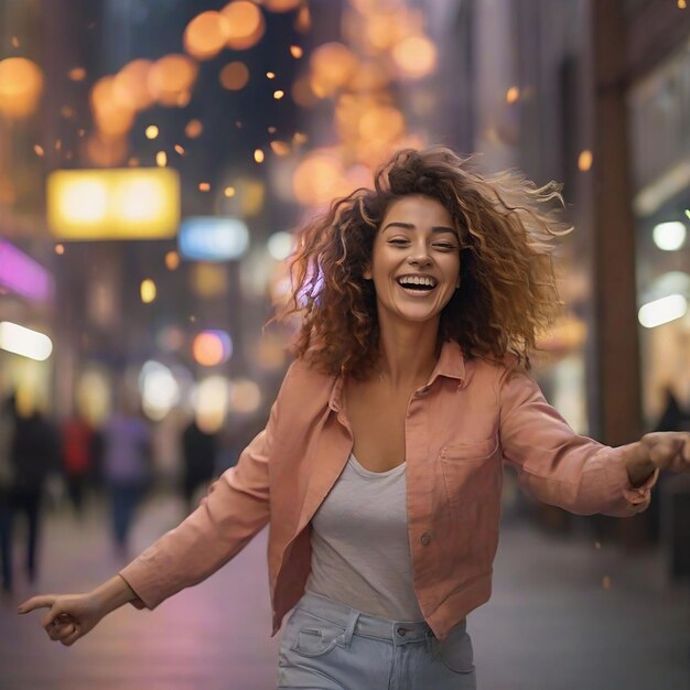 写真 晴れた雨の日に天気を楽しんでいる金の幸せな女性