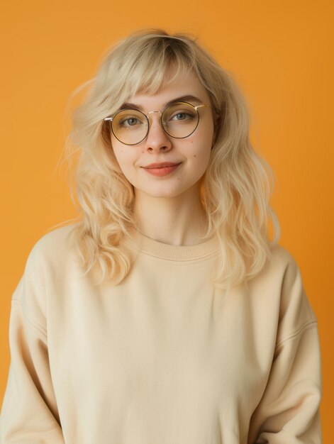 blonde happy woman in sweatshirt